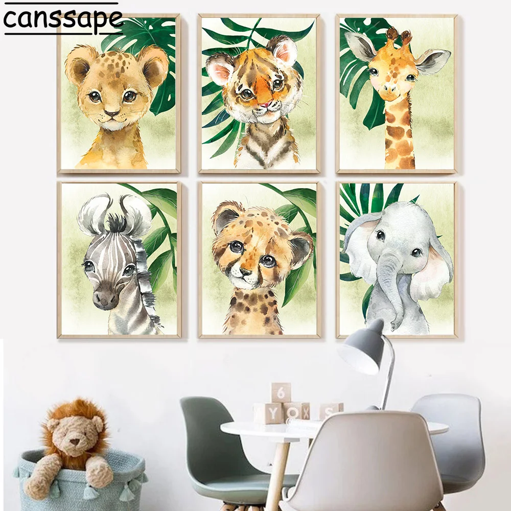 

Animal Canvas Painting Nursery Wall Print Tiger Art Posters Zebra Prints Elephant Poster Cartoons Wall Pictures Kids Room Decor