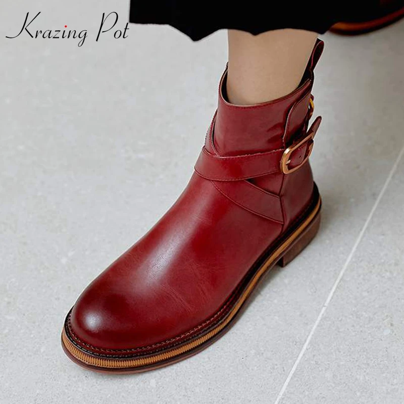 

Krazing pot genuine leather round toe Chelsea boots med heels winter wine brown color zip superstar metal buckle ankle boots L94