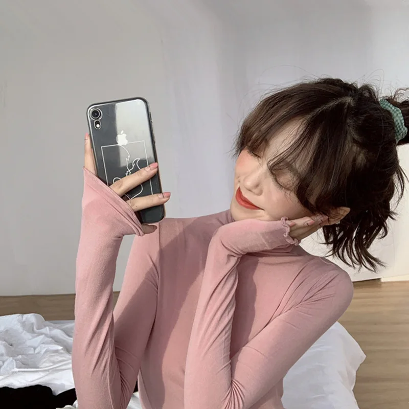 

Women Base Shirt Fashion Simple Slim Long Sleeve T Shirt 2022 New Solid Color Half High Collar Thin Tops Female