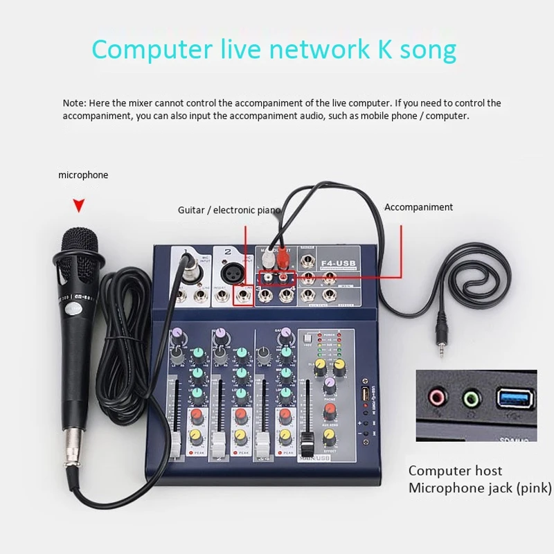 

F4 o Mixer 4-Channel Bluetooth Mixer with USB for Home, Stage, Singing, Live Broadcast(US Plug)
