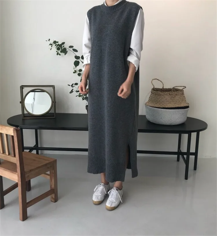 XITAO, вязаное платье с разрезом, модное, новинка, зимнее, длинное, без рукавов, прямое, маленькое, свежее, миноритарное, винтажное, пуловер, платье GCC2820
