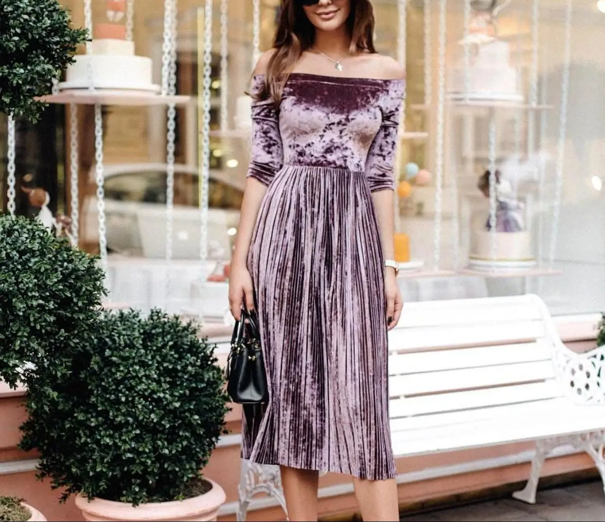 

S-2XL 2020 New Off-the-shoulder Pleated Velevt Woman Dress Elegant Winter Autumn Quarter-sleeve Long Party Dress Female Vestidos