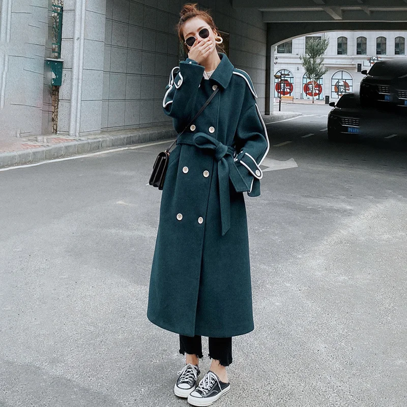 

Women's Woolen Coat Winter Long Korean Loose Double-Breasted Thickened Hemmed Ladies Cloak Splicing Fashion New Jacket Female