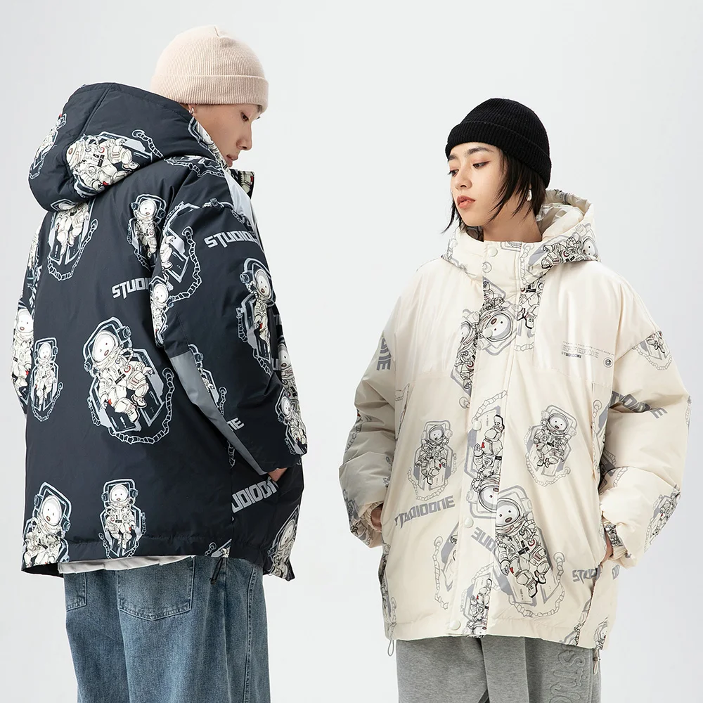 Aolamegs Hooded Winter Jacket Men Cute Cartoon Print College Style Parkas Warm Loose Hip Hop Harajuku Cotton Padded Coat Outwear