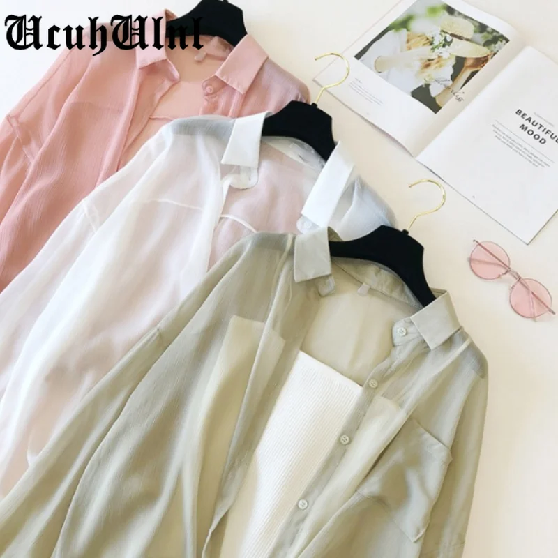 

Shirts Women Chiffon Simple Basic Blouses Womens Loose Summer Koran Style Soft See-through Thin Sun Protection Outerwear Leisure