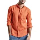 Рубашка мужская приталенная на пуговицах, Повседневная блузка из льна и хлопка, Топ с длинным рукавом, желтая, на лето