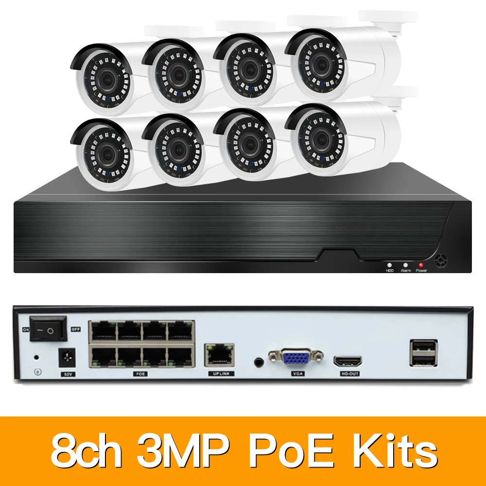 8ch 3MP POE наборы H.265 система видеонаблюдения PoE NVR наружная металлическая