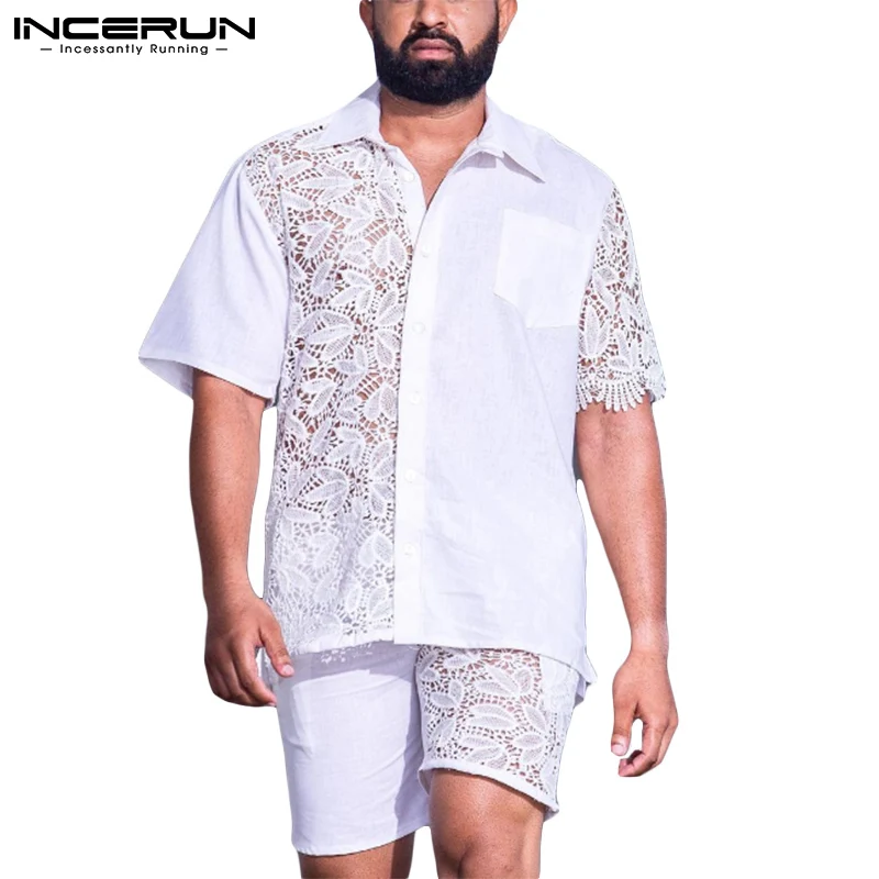 

Модные мужские комплекты 2021 кружевная Лоскутная Просвечивающая уличная одежда рубашка с отложным воротником и короткими рукавами и шорты ...