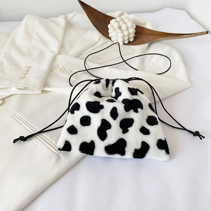 

Women Plush Crossbody Bag Cow Milk Print Shoulder Drawstring Mini Handbags