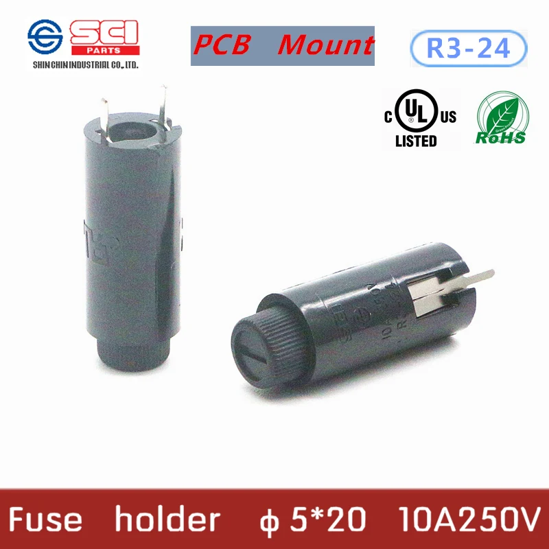 R3-24/Taiwan SCI Fuse Holder/Phenolic (UL flame:94V-1)/10A 250V 5*20mm/PCB fuseboxes/5pcs in pack/no fuse inside | Обустройство дома