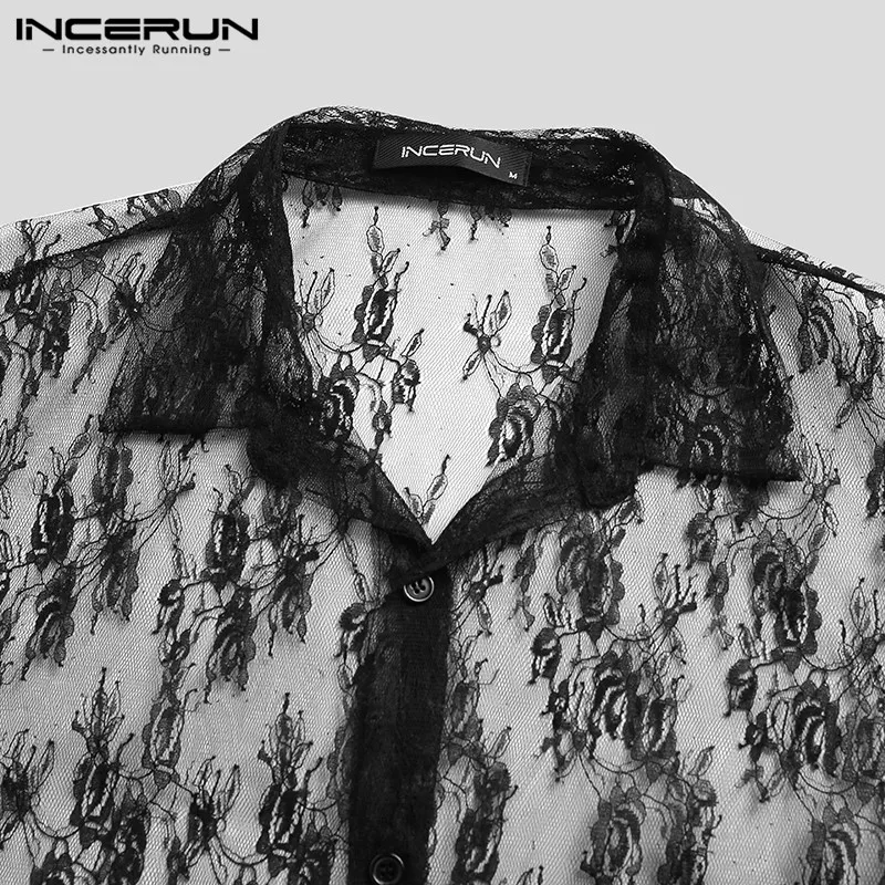 Men Mesh Shirt See Through Sexy Long Sleeve Lapel Button Blouse Fashion Streetwear Party Nightclub Shirts Camisas S-5XL INCERUN