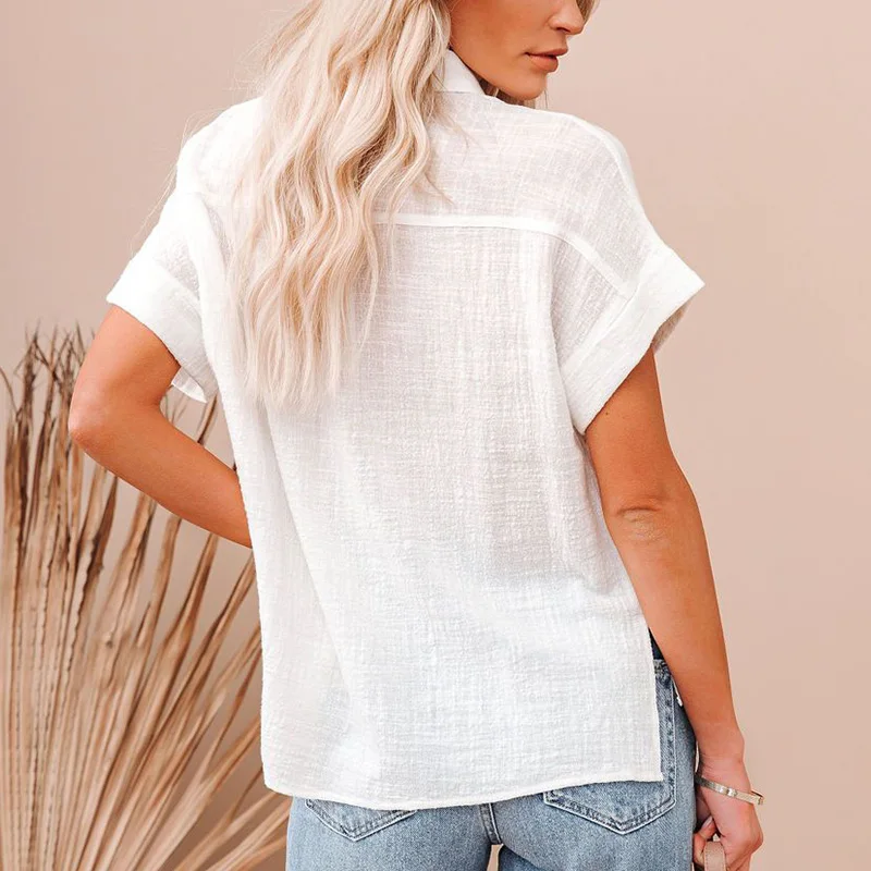 

Cotton 100% Summer Women Shirt Turn-down Collar Short Sleeve Pocket Button Open Stitch Blouse Splicing Irregular Casual Shirt