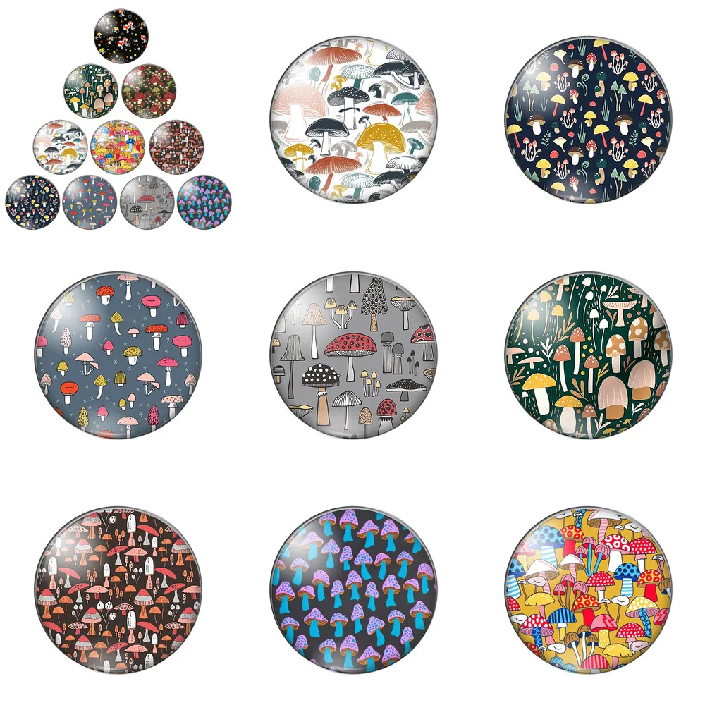 

Lovely Mushroom Background Patterns 10pcs 12mm/14/16/18mm/20mm/25mm Round Photo Glass Cabochon Demo Flat Back Making Findings