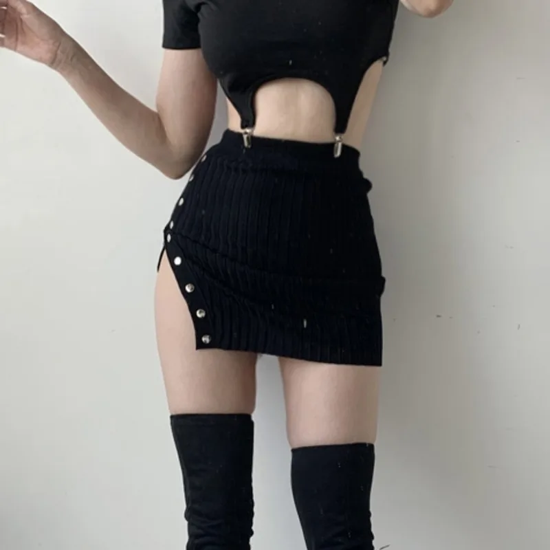

WOMENGAGA Korean Slim High Waist Single-breasted Knit Gold Button Sexy Irregular Split Buttock High Waist Knitted Mini Skirt VY8