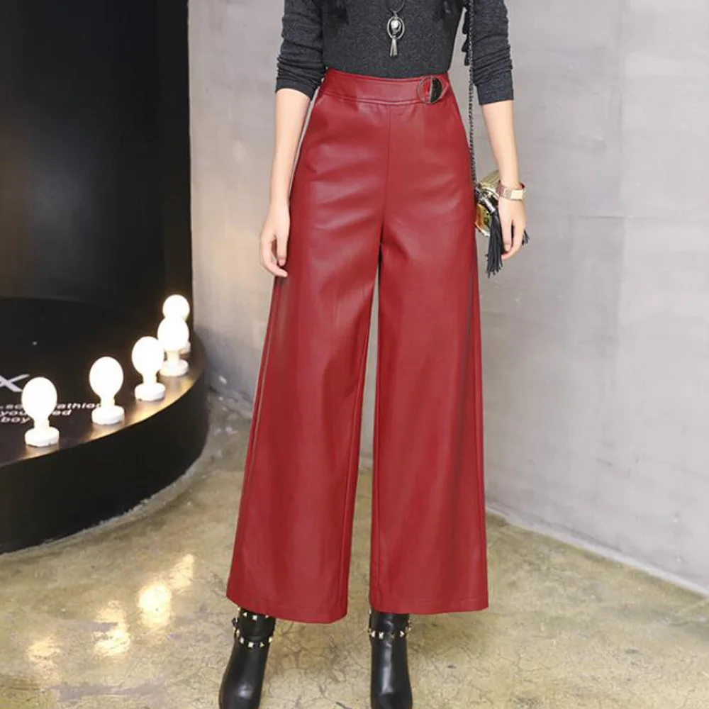Women' s PU Leather Trousers 2022 Autumn Fashion OL Wide Leg Pants Casual Solid Bottoms Femme Pantalon | Женская одежда
