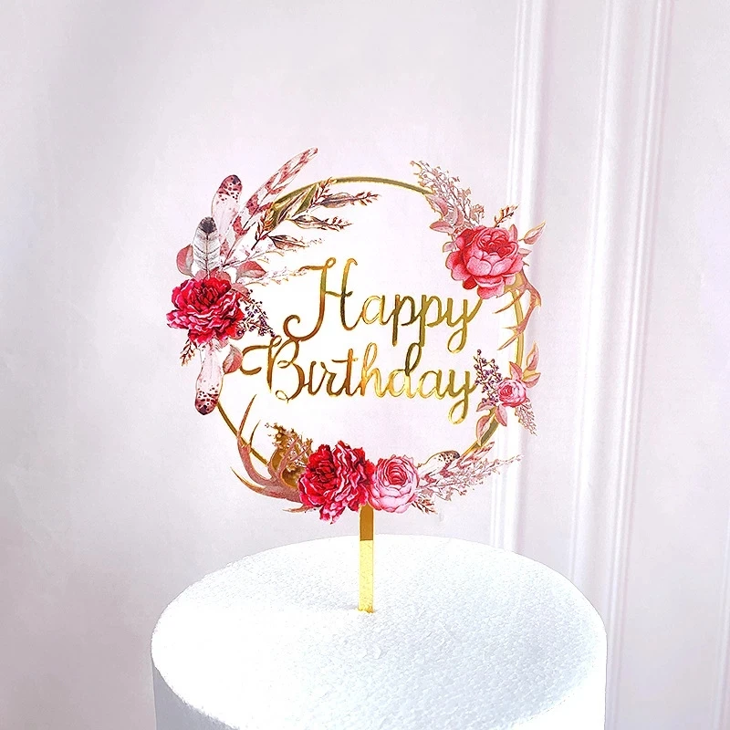 

Colored Flowers Acrylic Cake Topper Happy Birthday Cake Toppers Birthday Party Decorations For Baby Shower Baking Supplies