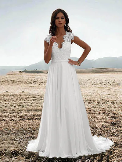 white Lorie/шифоновые Свадебные платья трапециевидной формы, сексуальное кружевное свадебное платье без рукавов, v-образный вырез, Vestido de novia, свадебное платье в богемном стиле - Цвет: white