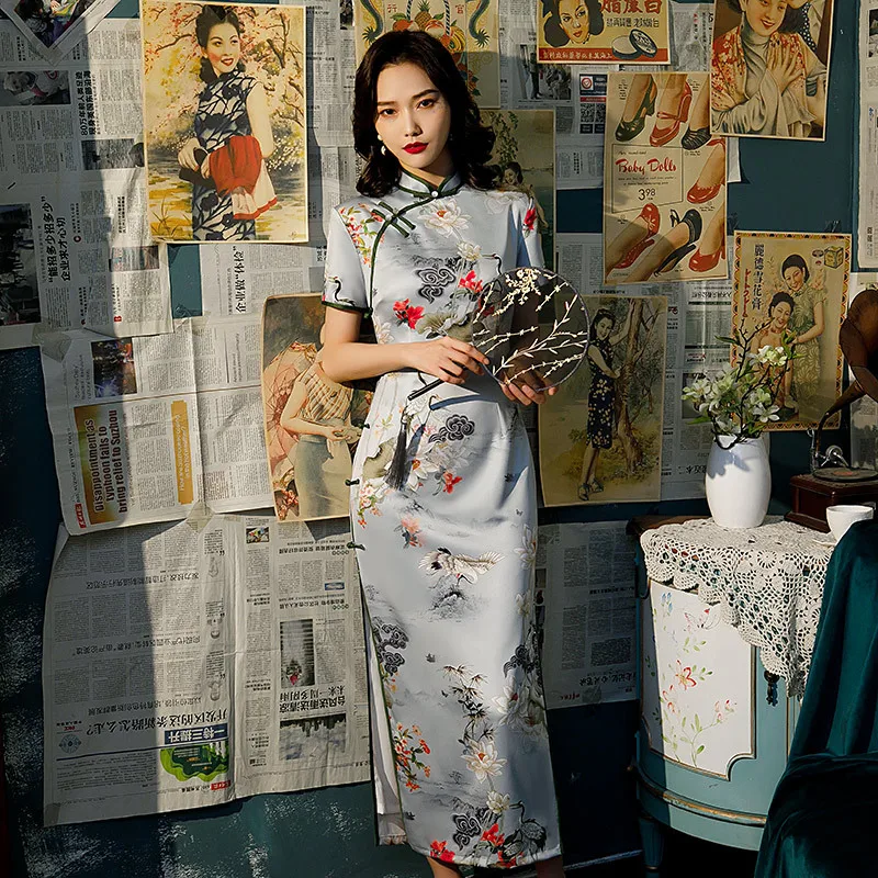 Женское атласное платье-Ципао на пуговицах винтажное вечернее платье с