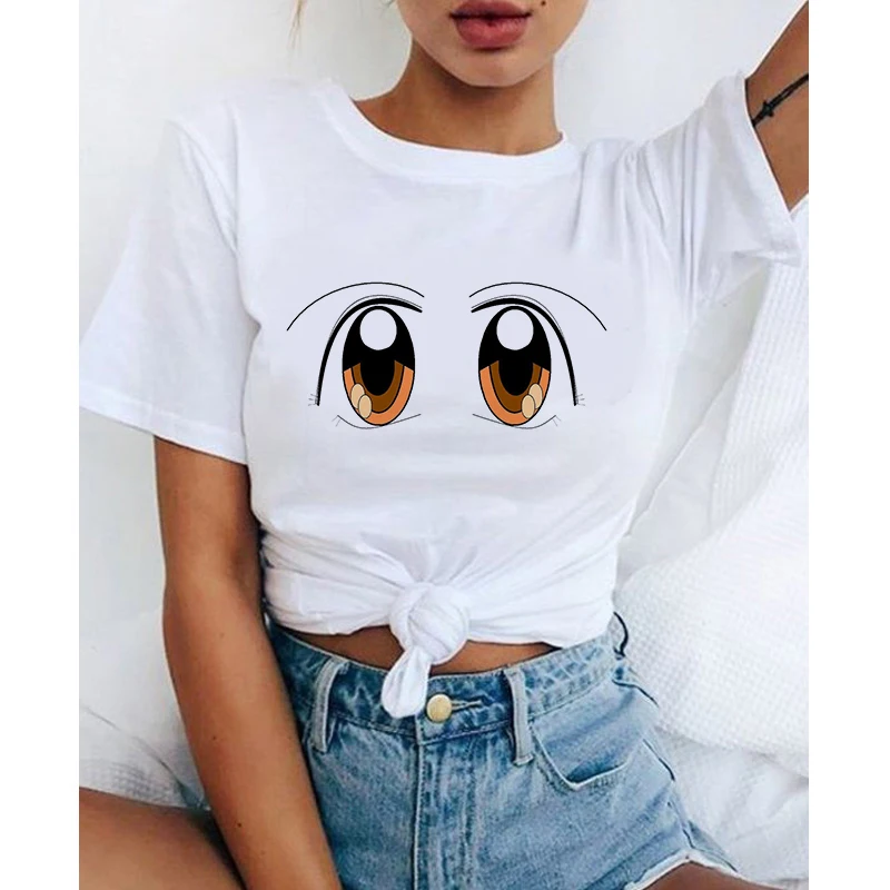 

Face Cute Eyebrows Lip Printing Cotton Tops Ladies O-neck T-shirt Summer New Style Fashion Harajuku Style Women Tee Shirts