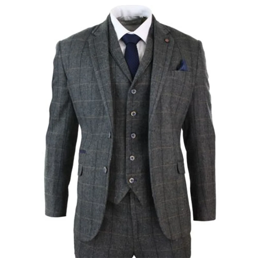 

Newest Tuxedos Tweed Slim Fit Grey Herringbone Check 3 Piece Set Wedding Suits For Mens Groomsman Formal Jacket+Vest+Pants 2021