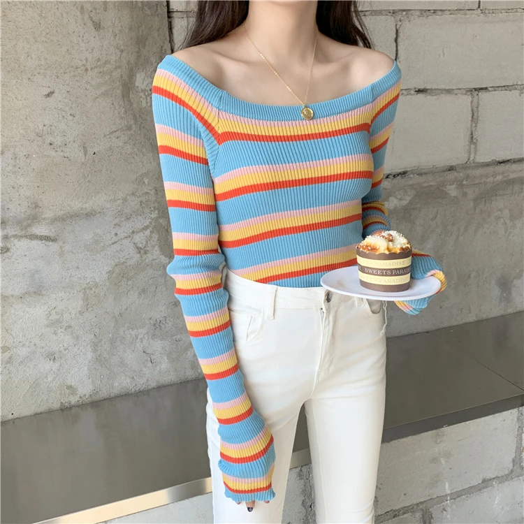 

GRUIICEEN autumn off shoulder long sleeve women sweaters stripes rainbow knit sweaters pullovers new