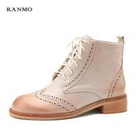 2020 new fashion lace up ankle boots high quality genuine leather round toe soild med heel women shoes hot sale work warm boots
