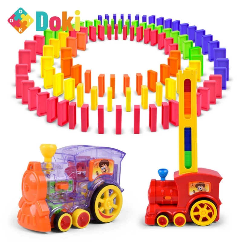 

Doki Toy Domino Train Toy Set Rally Electric Train Model Colorful Domino Game Building Blocks Car Truck Stacking Kids Gift