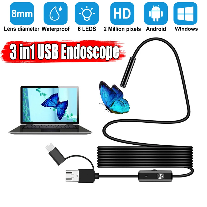 

1920*1080P USB Endoscope Camera for Android Phone Laptop with 8mm Lens Flexible Cable Type C Endoscope Inspect Borescope