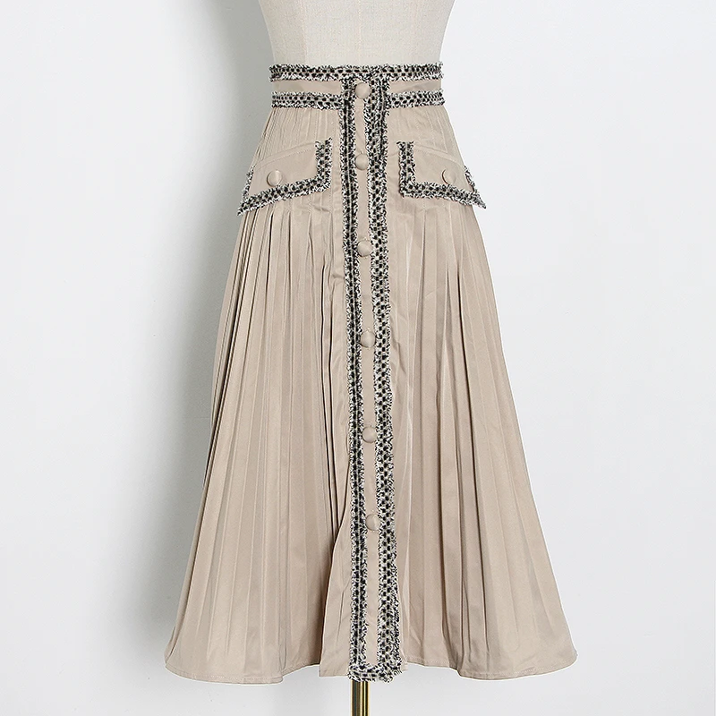 

Pleated A Line Midi Skirt Female 2021 Autumn Fashion New Patchwork Tweed Women's Skirts High Waist Button Pocket