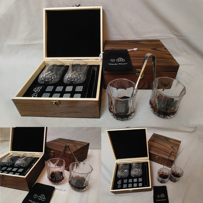 

Whisky Stone with Whiskey Glasses Tongs and Wooden Box Whiskey Stones Gift Set Made of Natural Stones Ice Cubes Reusable