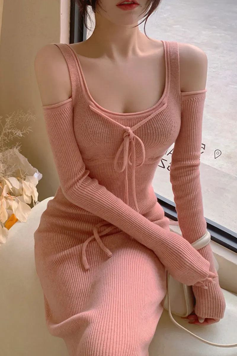 

Pink Dress Temperament Slim Strapless Spring Design Feeling Lace-up Knee-length Mid-length Knitted Skirt Female Fashion Trend