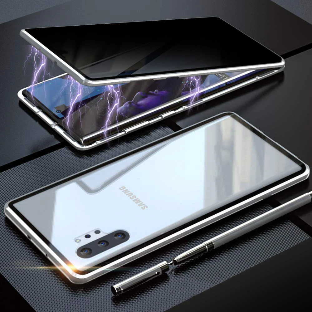 Магнитный чехол для samsung Galaxy S10, S8, S9, Note 10 Plus, Note 9, 8, S10e, противоскользящий двойной металлический бампер из закаленного стекла - Цвет: Серебристый