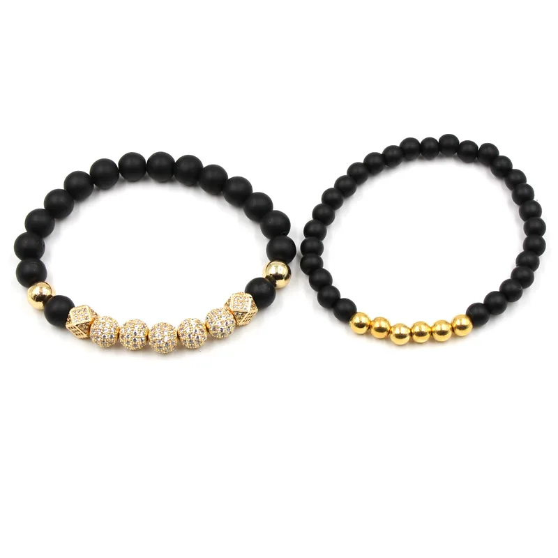 

2 Pcs/set 6mm 8mm Matte Black stone Beads Bracelet Pave CZ 4 color 5 Ball Bracelets for Women&Men fashion Jewelry charm Pulseras