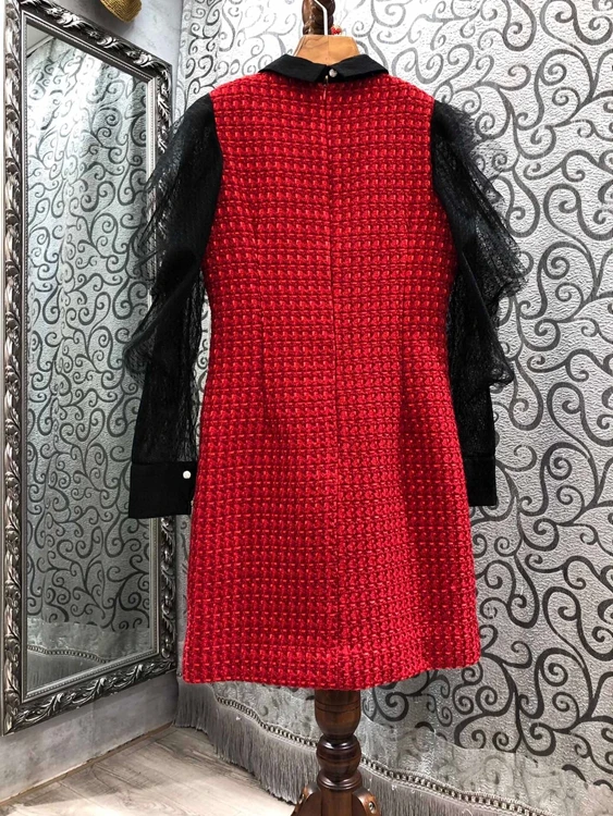 

2021 early spring new women's lapel mesh color matching stitching knitted long-sleeved fake two-piece dress 114