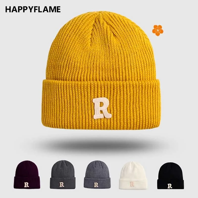 

Fashion Winter Curled Edge Beanies Letter R Embroidery Hat Warm Thickened Knitted Cap Hip Hop Men Women Bonnet Skullies Beanies