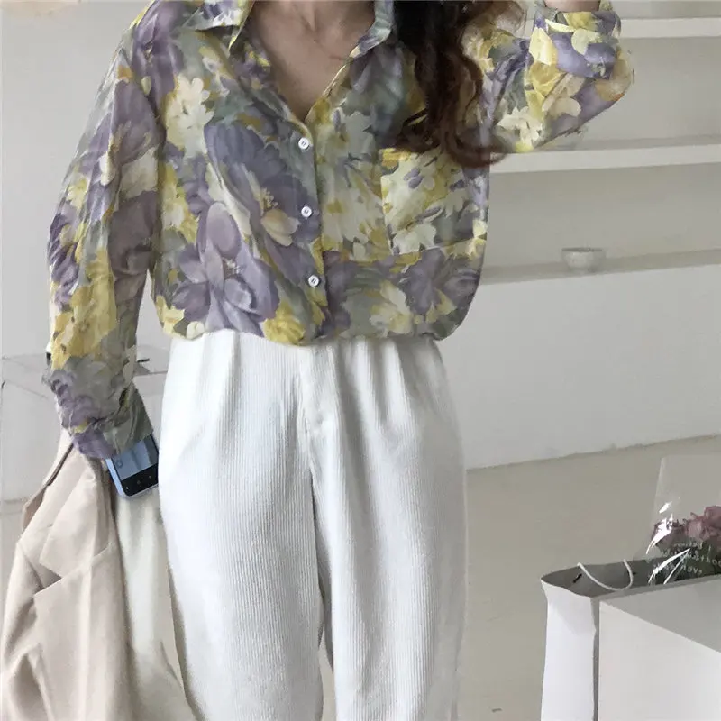 

Chic Fashion Florals Printed Fresh 2021 Sunscreen Korean Loose Long Sleeve OL Basic Blouses Hot All-Match Leisure Shirts