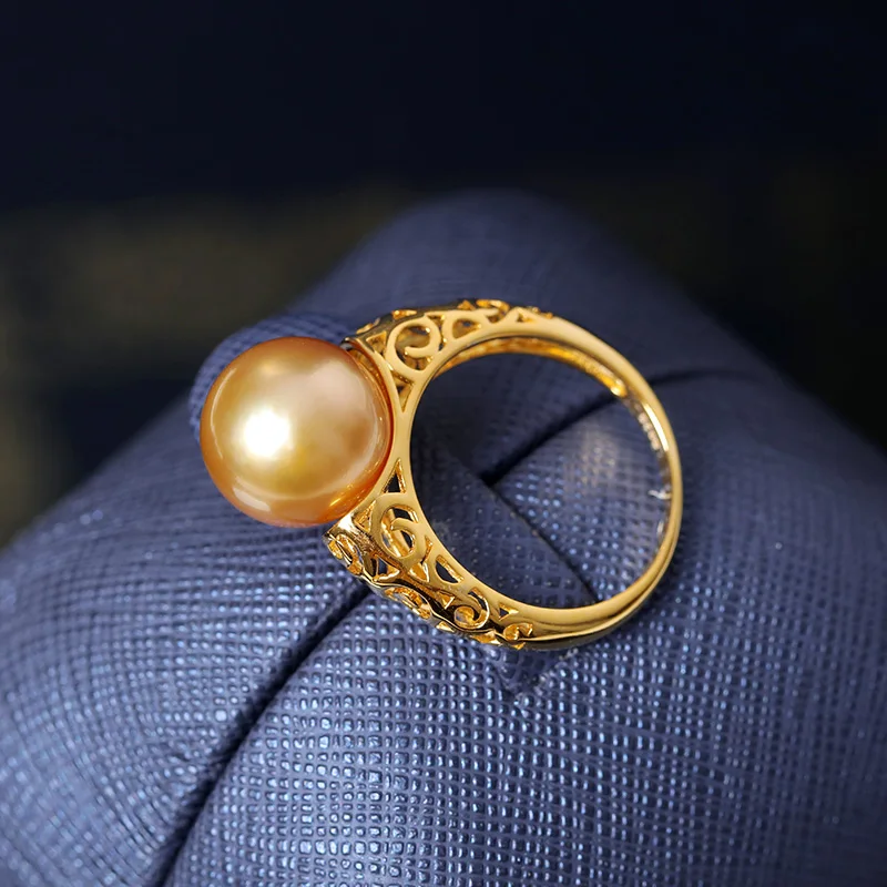 

YS 11-12mm Natural Gold South Sea Cultured Pearl Ring 925 Sterling Silver Pearl Ring For Women Girl Fine Jewelry