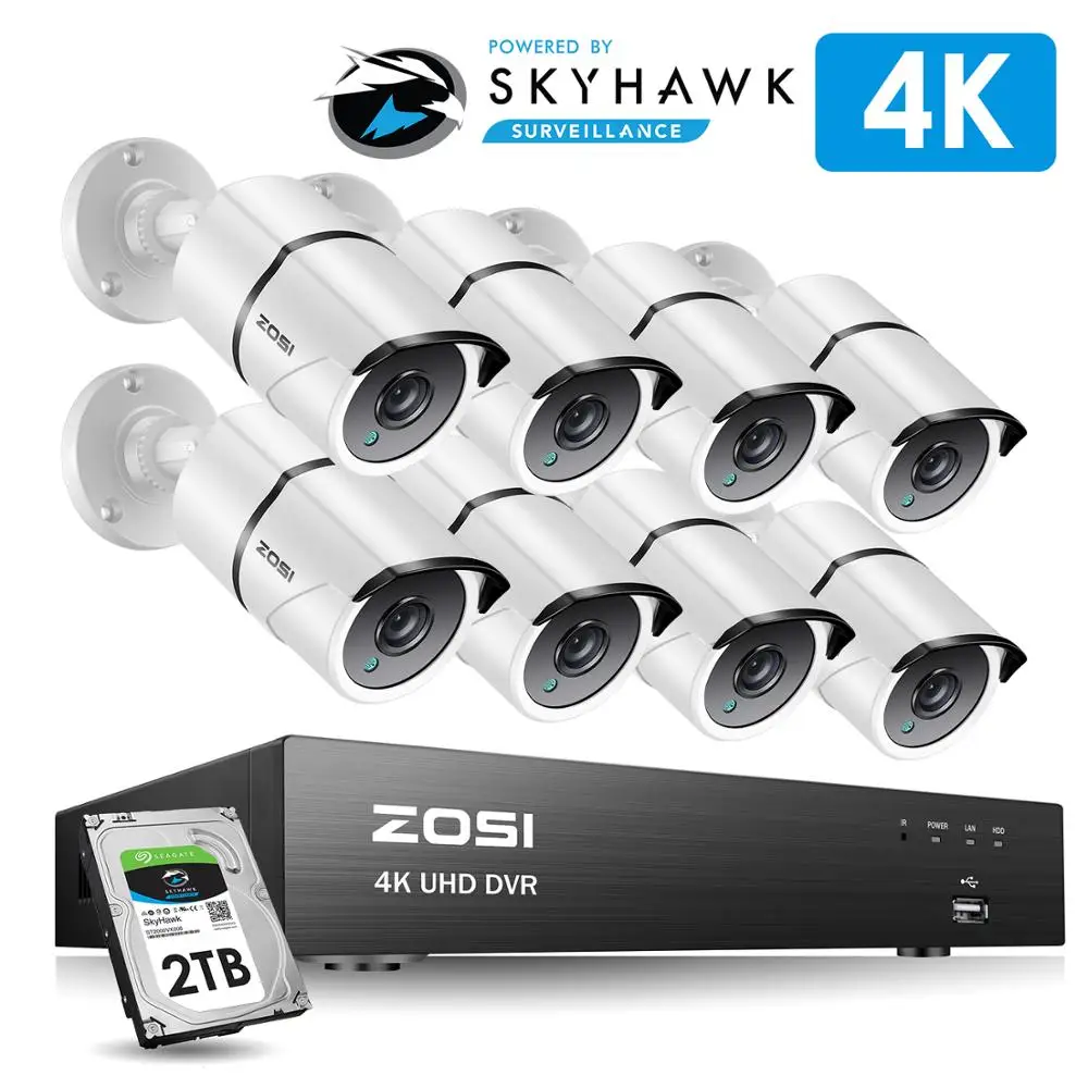 ZOSI 4K 8CH Ultra HD CCTV камера системы H.265+ DVR комплект с 2 ТБ HDD 8 шт. 8MP TVI наружная домашняя система видеонаблюдения