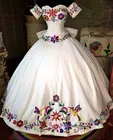 Потрясающее Белое Бальное Платье с 3D цветами, мексиканское платье для выпускного вечера, Вышитое милое платье 16, платья 15-16 лет 215