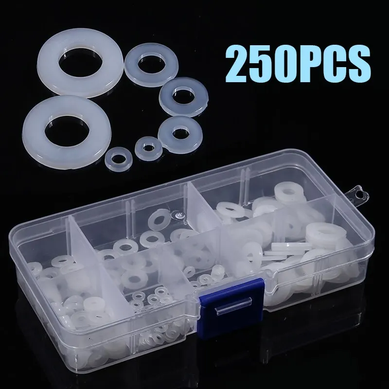 

250pcs New Nylon Flat Washer Assortment Kit M2 M2.5 M3 M4 M5 M6 M8 Screw/Bolt Flat Spacer Washer Seals Gasket Ring