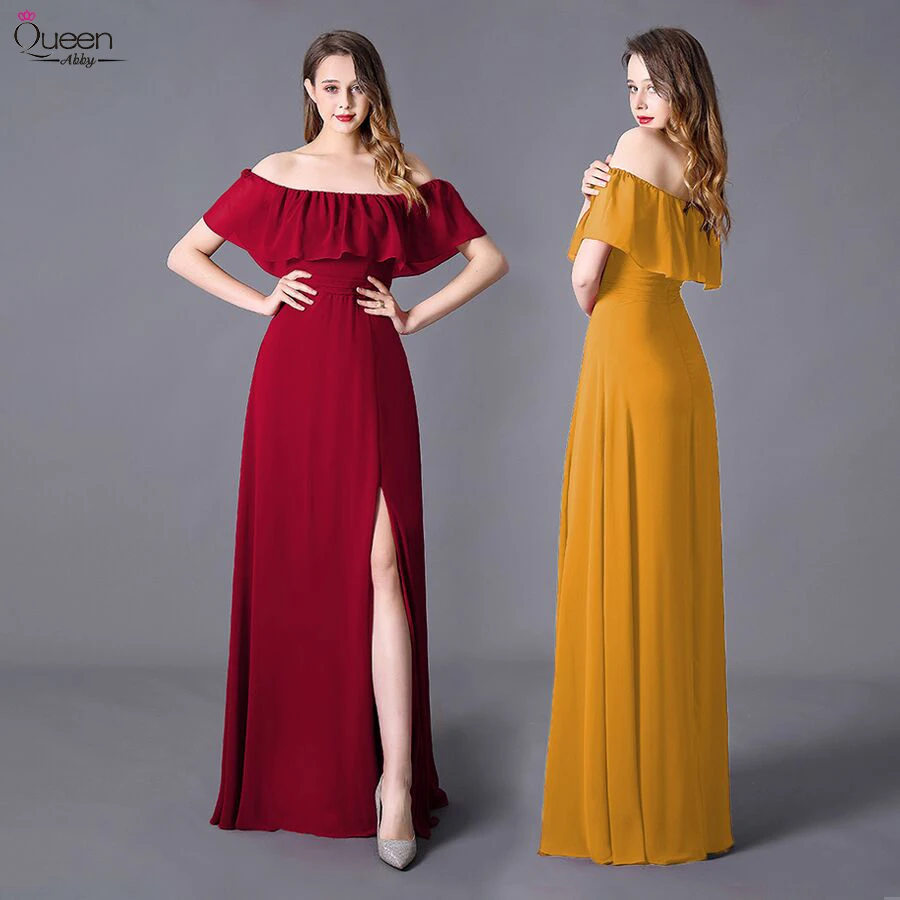 Вечерние платья больших размеров с разрезом спереди и длинными оборками