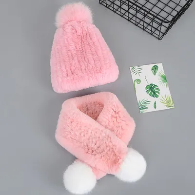 Pink B Детская натуральная шапка из меха кролика Рекс, зимний теплый шарф, шапка для детей, вязаные шапочки, шапки с меховыми помпонами - Color: Pink B