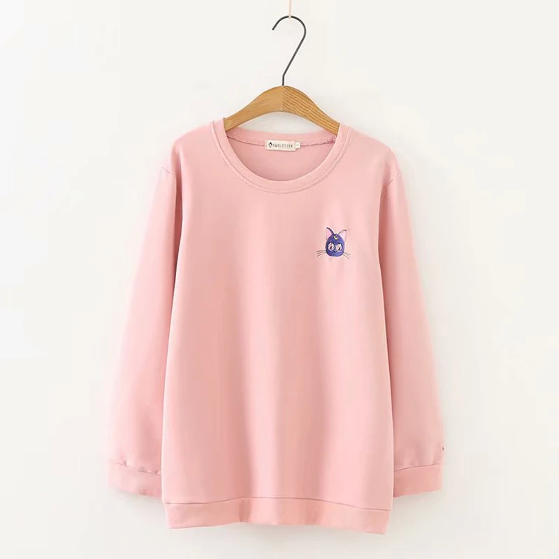 Розовый Новые осенние толстовки, хлопковые толстовки с героями мультфильмов Сейлор Мун, Свободный пуловер с круглым вырезом, Harajuku, толстовки с вышитыми лунами, толстовка - Цвет: Розовый