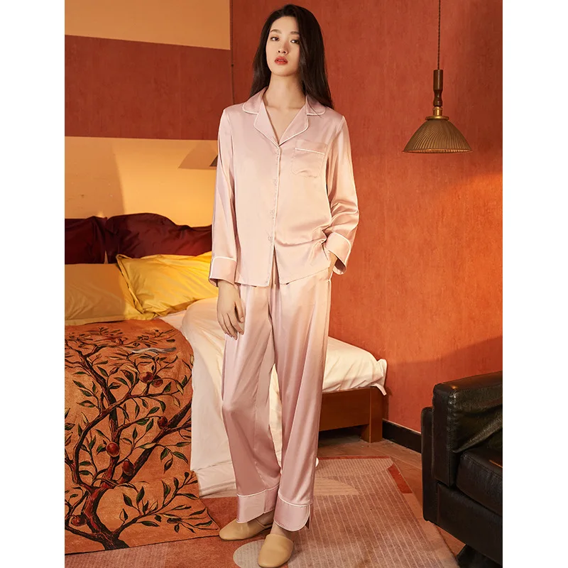 

Summer Solid Color Satin Button Pajamas Sleepwear Ice Silk Long Sleeve Pants Homewear Women's Nightwear Pyjamas Set