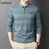 2021 high end new fashion brand striped designer embroidery casual turn down collar long sleeve polo shirts men tops men clothes