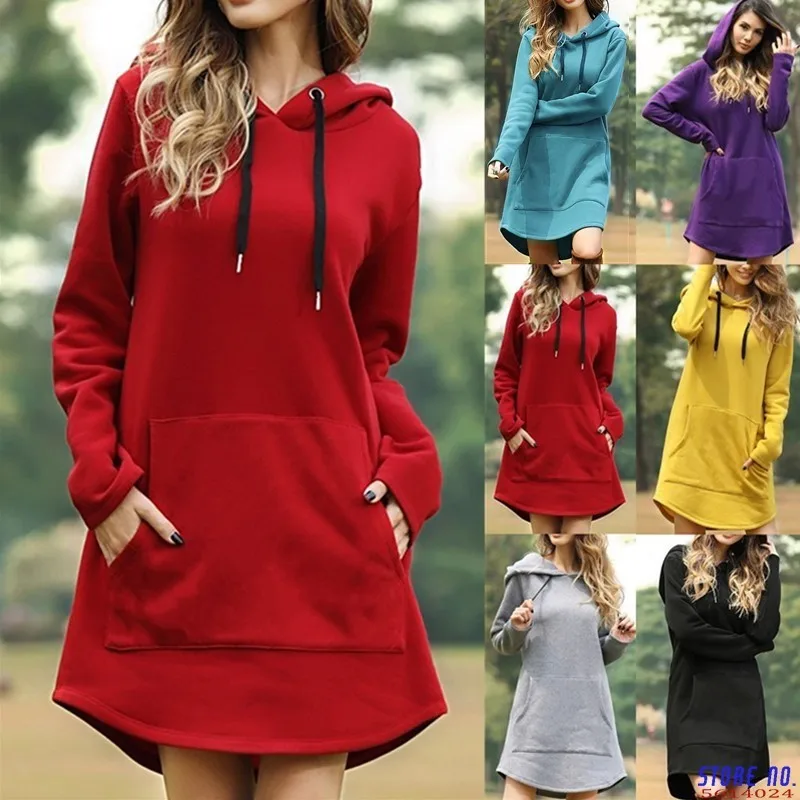 

Women Casual Loose Solid Hooded Dress Autumn Winter Long Sleeve Plus Sizes Dresses Pocket Femme 2020