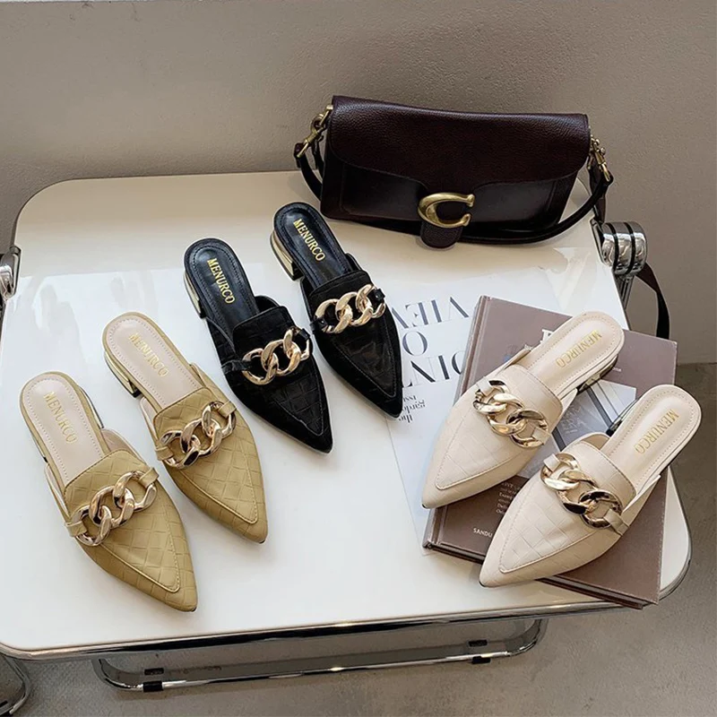 

New Women Muller Shoes Personalized Chain Design Pointed Slip-on Black Office Flat Shoes Solid Color Temperament Women Shoes
