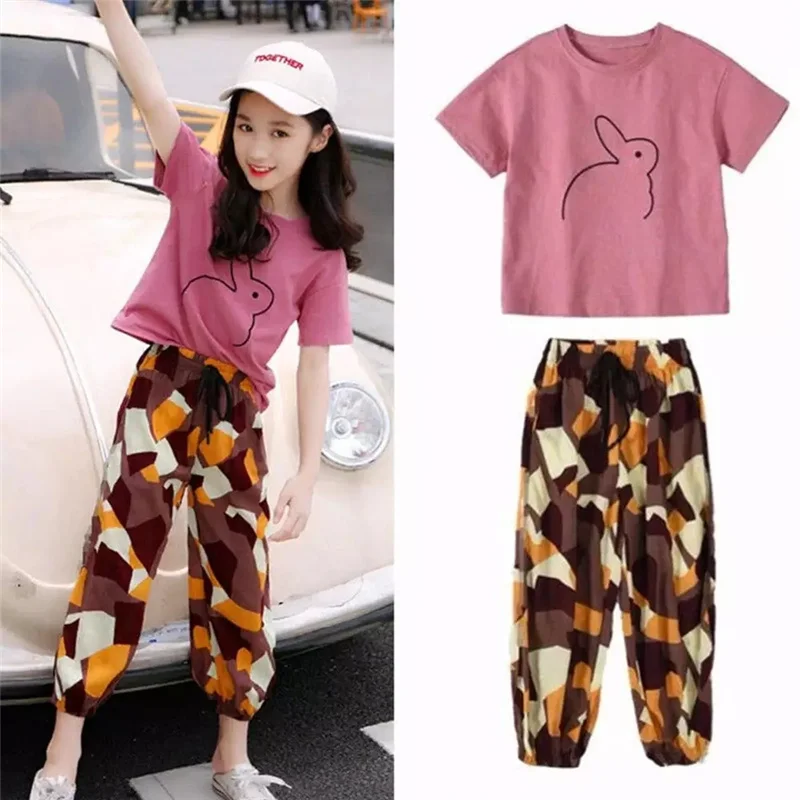 

New Girls Clothing Sets Summer Cube Short Sleeve T-Shirt + Long Pants Kids Girl Clothes Children Outfits Teen 5 8 9 10 12 Years