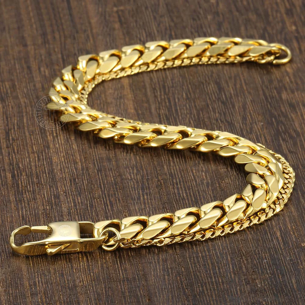 Davieslee двойной браслет цепочка для мужчин Золотая нержавеющая сталь кубинская