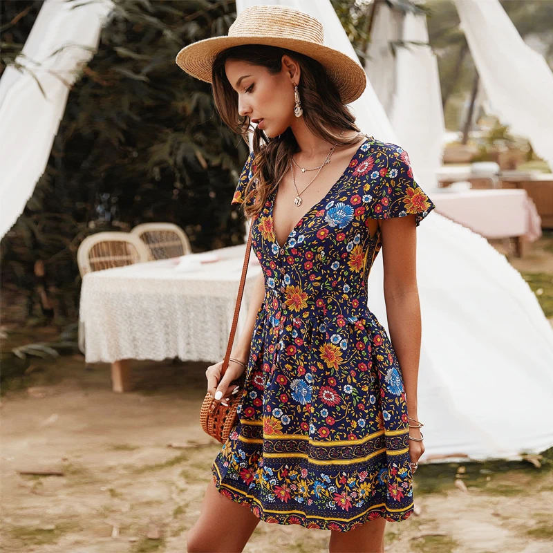 

Summer Dresses Woman Night Evening Party Dress Short Sleeve Casual Print Chiffon Boho Dress Sexy V Neck Tunic Mini Beach Vestido